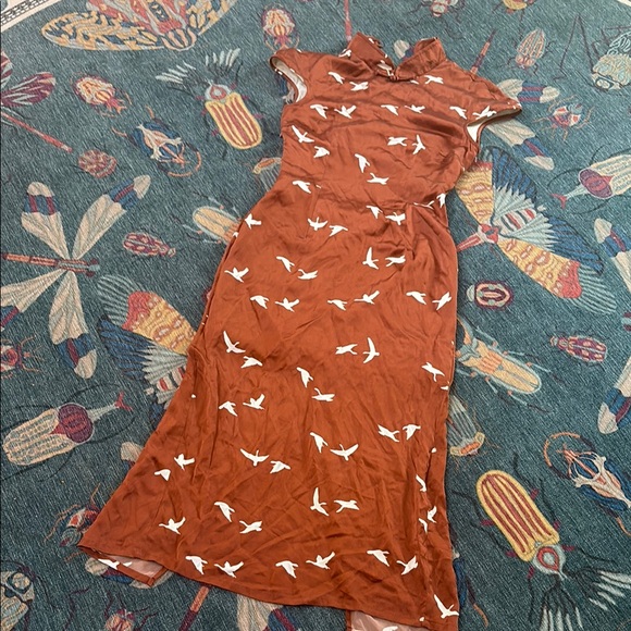 Elegant Silkinc Rust Brown Cheongsam Midi Dress with Bird Pattern 165 S - Picture 5 of 10